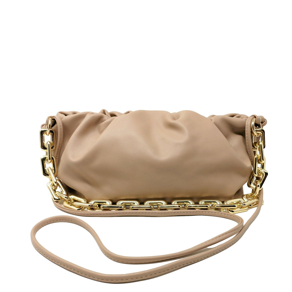 Cloud-Shaped Clutch Pouch Purse With Chain Link Shoulder Strap Beige