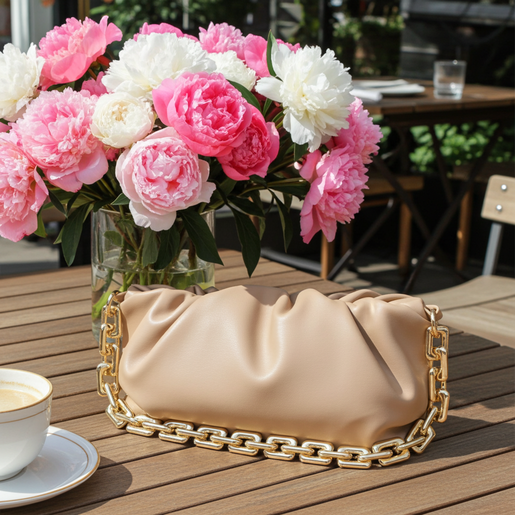 Cloud-Shaped Clutch Pouch Purse With Chain Link Shoulder Strap Beige