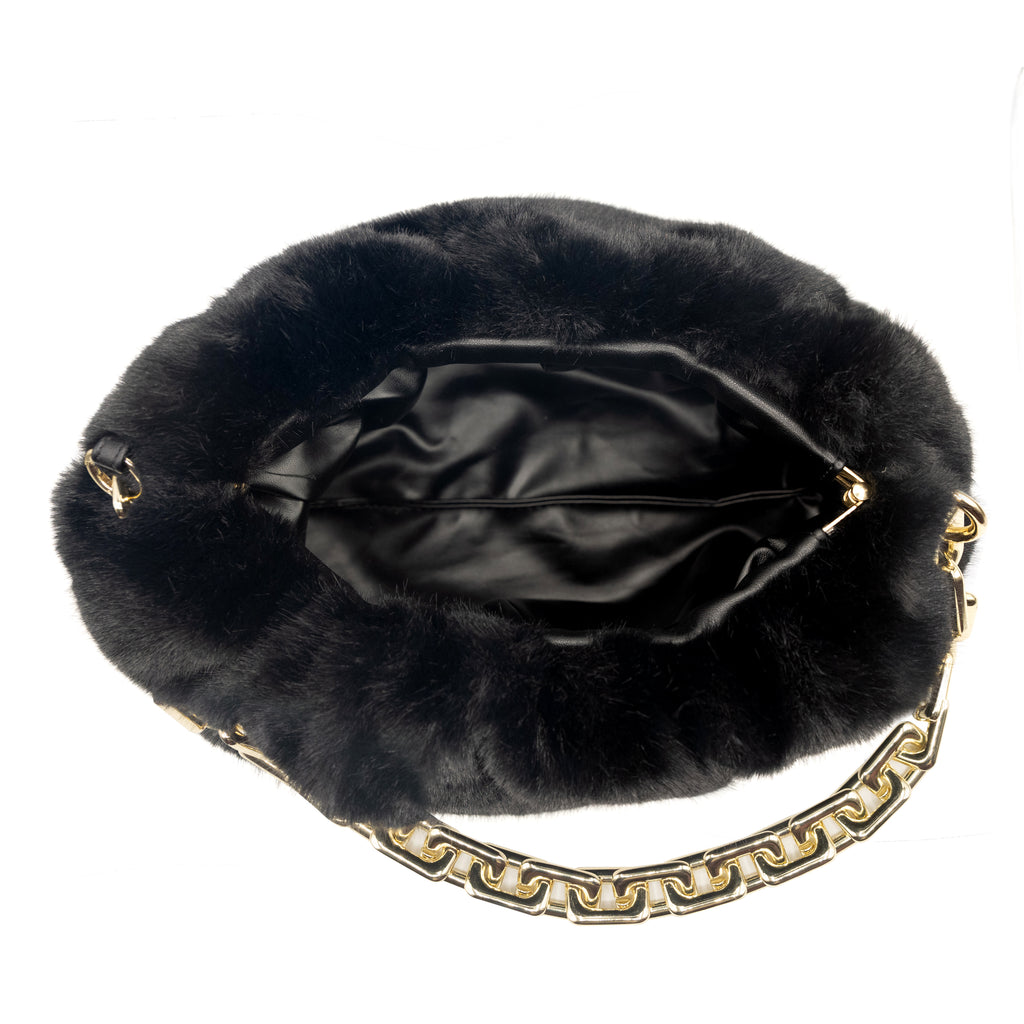 Cloud-Shaped Clutch Pouch Purse With Chain Link Shoulder Strap Black Fur