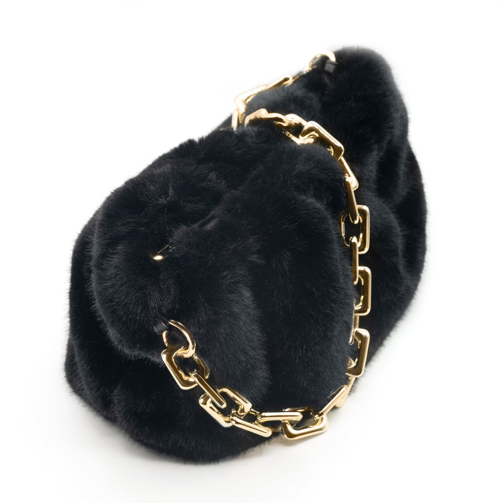 Cloud-Shaped Clutch Pouch Purse With Chain Link Shoulder Strap Black Fur